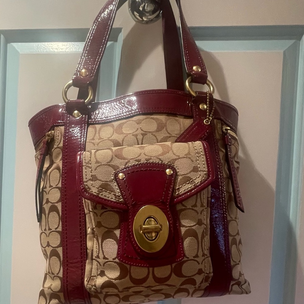 Coach Burgundy and Tan Signature Shoulder Bag. Great condition!
